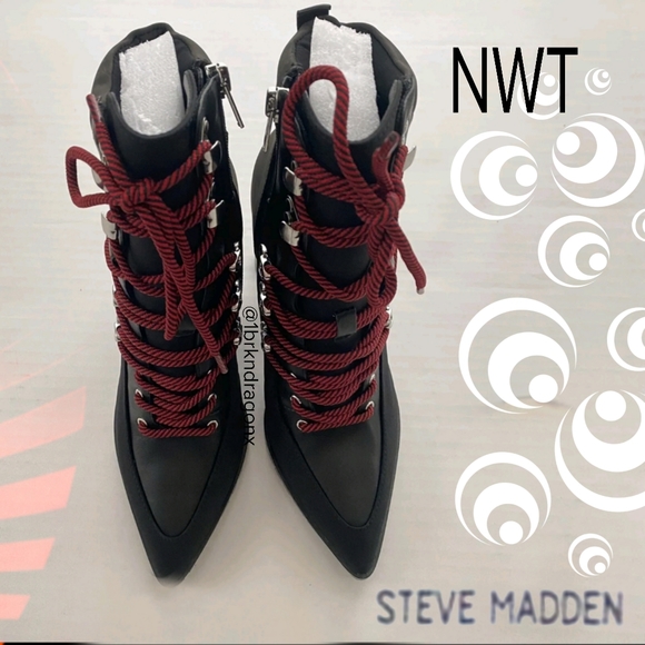 NWT Black Red Lug Sole Block Heel Lace Up Illusion Booties Boot Boots - Picture 12 of 16